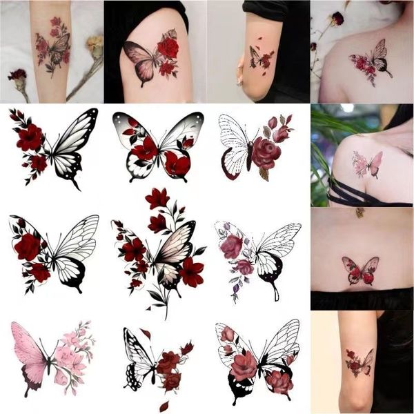 9 pc/lot mariposa rosa impermeable tatuaje temporal pegatinas brazo tobillo mujer falso tatuaje clavícula flor arte Tatoo Temporales