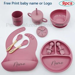 9 unids Conjuntos de alimentación de silicona para bebés Ventosa Tazón Platos Niños Cuchara Tenedor Merienda Nombre personalizado Vajilla para bebé 231225