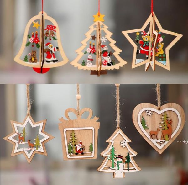 9 pièces décorations de noël en bois Laser creux arbre de noël pendentif 3D bois père noël, wapiti, bonhomme de neige décorer JJF11025