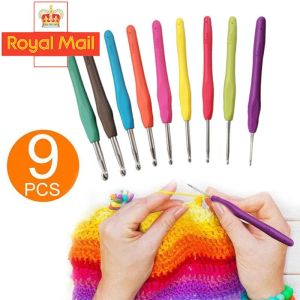 Outil de tricot, aiguille de pull TPR, poignée souple, Crochet en aluminium, poignée de couleur, pull, bricolage, écharpe artisanale, aiguilles à coudre, 9 pièces