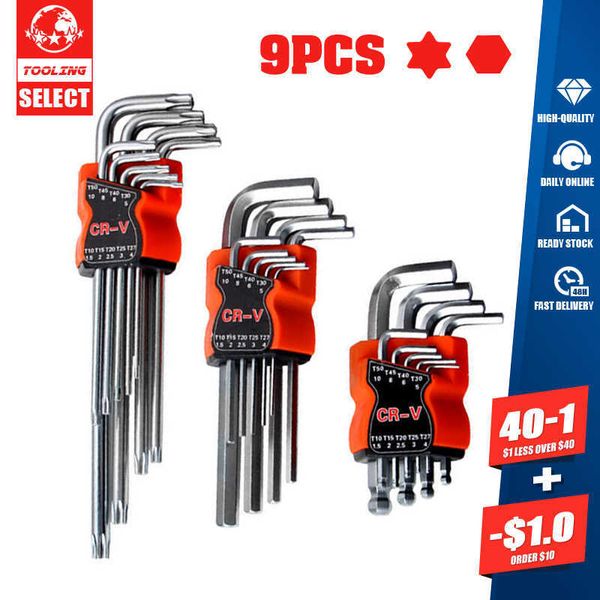 9 pièces L Type tournevis Double extrémité jeu de clés hexagonales clé Allen hexagone boule plate Torx étoile tête clé outils à main