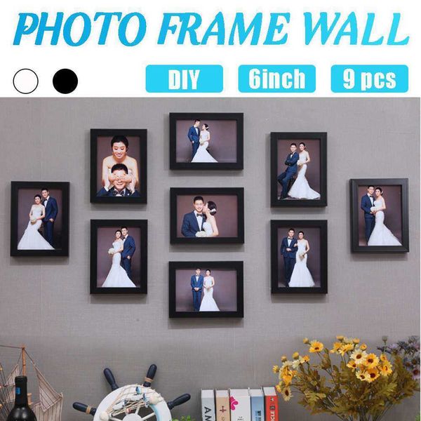 9 pcs Photo Po Cadre Ensemble DIY Amovible Papier Peint Noir Blanc Couleur Pos Cadres Autocollant Decal Salon Décor À La Maison 210611