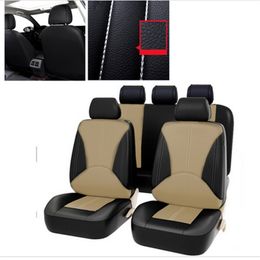 9PCS PU Funda de cuero para asiento de automóvil Conjunto completo Cojín de asiento trasero delantero Protector de alfombrilla Negro beige