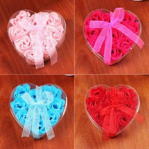 9 stks Geurende Rose Bloemblaadje Boeket Valentijnsdag Gift Hartvorm Geschenkdoos Bad Body Soap Wedding Party Gunst 9ocs / lot