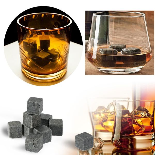 9 pièces/ensemble pierres naturelles de haute qualité pierres à whisky refroidisseur roche stéatite glaçon avec pochette de rangement en velours T500164