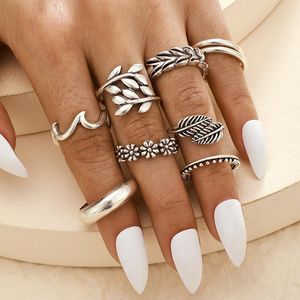 9 stks / set zilveren knuckle ringen set voor vrouwen meisjes cluster ringen bloem bladeren golf