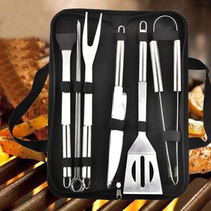 9 pièces/ensemble outils de BBQ en acier inoxydable ustensiles de Barbecue en plein air avec sacs Oxford Kit de couteau de brosse de pince de gril en acier inoxydable par la mer