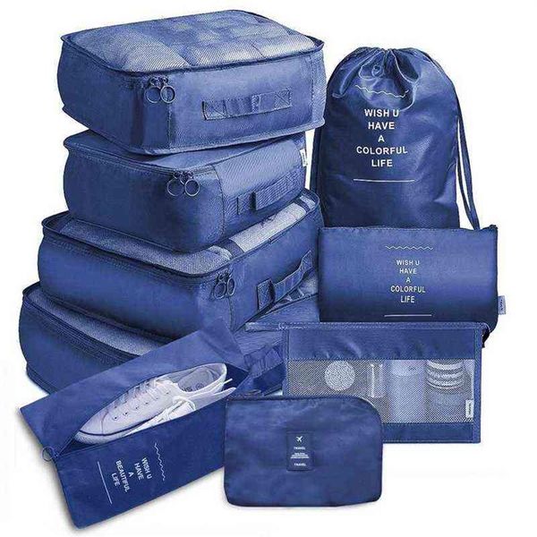 9 unids / set Paquete de viaje Organizador de equipaje Cajas de almacenamiento de ropa Bolsa de artículos de tocador cosmética impermeable de alta calidad Accesorios de viaje 211310D