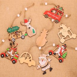 9 stks / set hout kerst auto elanden sneeuwman Santa Claus houten hangers Xmas boom opknoping ornamenten voor noel nieuw jaar thuis ornamenten
