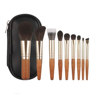 Juego de 9 brochas de maquillaje portátiles de viaje, mini brochas de maquillaje con estuche, base, colorete, sombra de ojos, brochas cosméticas, mango de madera, herramienta de maquillaje