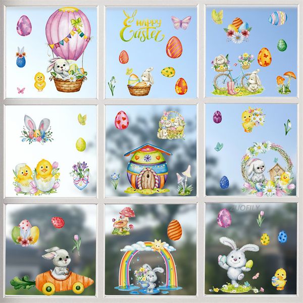 9 PCS Aquarelle Lapin Oeuf De Pâques Électrostatique Autocollant Verre Fenêtre Cabinet Embellir Stickers Stickers Muraux Décoration 220607