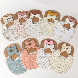 9Sets/Lot Baby Flower Bibs Headbands Bow Nylon Hairbands Double Side Saliva Towel Feeding Burp Cloth Scarf Boys Girls Headwear 240319