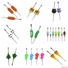 9Types Dabber Dab Cartoon Wax Tool Titanium Nails Silicone Acier inoxydable 123mm Outils Rigs Métal Cireux Fumer Crâne Concombre Crème Glacée Hot Dog Pizza Hamburger