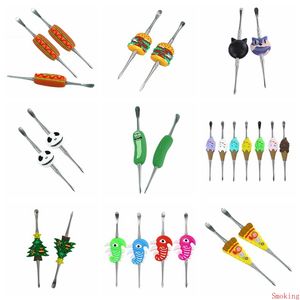 9Types Dabber Dab Cartoon Wax Tool Titanium Nails Silicone Acier inoxydable 123mm Outils Rigs Métal Waxy Fumer Crâne Concombre Crème Glacée Hot Dog Pizza Hamburger DHL