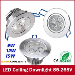 Gratis Verzending 9W 12W 15W LED Plafond Downlight Inbouw LEIDENE Muurlamp Spot Light met LED-stuurprogramma voor thuisverlichting AC85V-265V