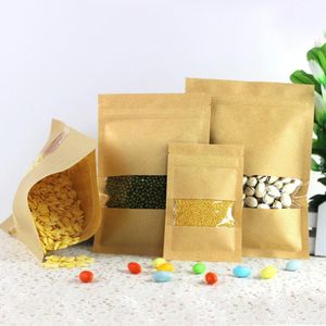 Bolsa de paquete con cremallera resellable de papel kraft de 9x13 cm con ventana transparente para nueces secas, frijoles, papel de calidad alimentaria, bolsa de embalaje de nueces con cremallera reutilizable