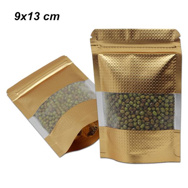 9x13cm Stand Up Gold Aluminium gaufré Zip Lock sac d'emballage Mylar avec fenêtre transparente feuille d'emballage réutilisable valve de nourriture