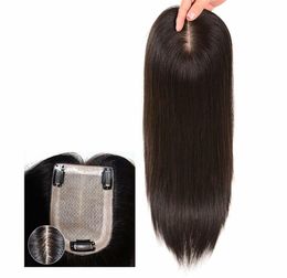 9x14 cm MUJER PASA FREE de seda Base de seda Real Human Hair Crown Topper Clip en Toupee Peso Pasquías Natural Negro Remy Pelo humano para