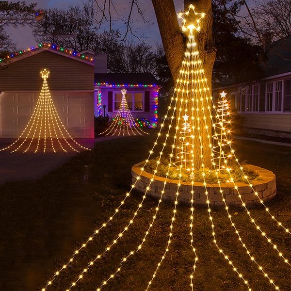 9x2M Adornos navideños Estrellas Cadena de luces LED Cascada Árbol Luces de hadas con estrella superior Decoración al aire libre Guirnalda de luz