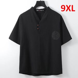 9XL Big Size T-shirt Mannen Zomer Korte Mouw Linnen Casual Tees Tops Mannelijke V-hals Borduren T-shirt Plus 240313