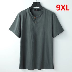 9XL camiseta de lino hombres verano color sólido camiseta moda casual camisetas de lino tops masculino henley collar camiseta más tamaño 8xl 9xl 240304