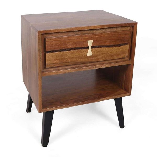 AB Home – Table de chevet décorative en bois d'acacia marron/fer/mdf, 55.1cm de haut, meubles de chambre à coucher