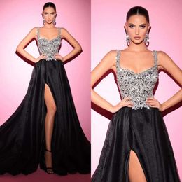 Een kralen zwarte lijn elegante riemen prom jurk kristal top lange jurken voor speciale ocns split avondjurken es