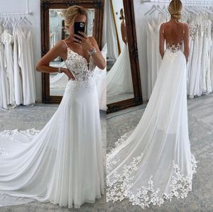 A Boho Lace Line Robes Stracts Backless Button Appliques Sweeping Train Designer Mariage Bridal Robes PPLIQUES