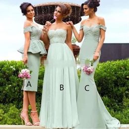 Een bruidsmeisje jurken peplum pastel 2021 groene lijnschede zeemeermin van de schouder op maat gemaakte kant applique bruidsmeisje jurk pplique