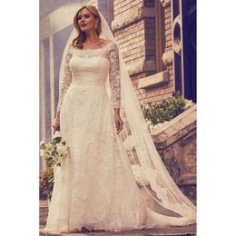 Een jurk lange vintage mouw kant met lijn schep nek landelijke stijl plus size trouwjurken vegen treinveer elegante bruidsjurken es