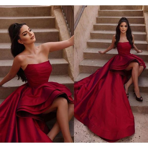 Un elegante vestido de fiesta de Line Red Line para mujeres sin tirantes HI LO TIERED Satin Fiesta Fiesta Cumpleaños de cumpleaños Consinuado Formal Wear Vestido de OCN especial