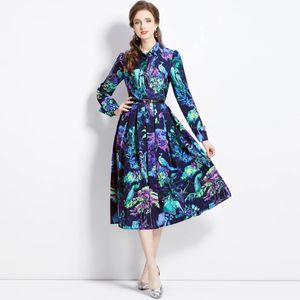 Robes décontractées Haute Qualité Automne Femmes Mode Piste Chemise Robe Bureau Dame À Manches Longues Bleu Floral Imprimé A-ligne Robes De Fête 2024