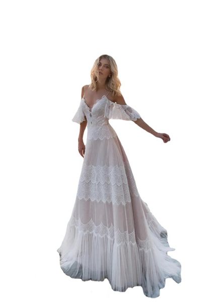 Una línea de vestidos de novia de playa bohemios apliques de encaje correas espaguetis tul tren de barrido Boho vestidos de novia robe de mariee vestido de mujer