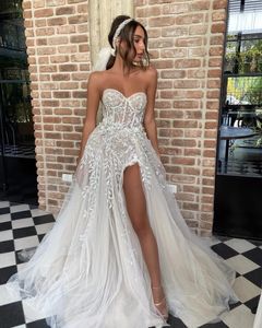 Une ligne robe de mariée boho 2024 Sweetheart Slit Sequins Appliques Tulle Bridal Women Gowns Vestido de Novia Robe de Mariage