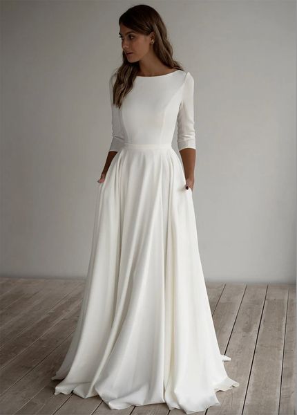 Vestido de novia modesto de crepé de una línea, manga larga, tren de barrido, sencillo, elegante, informal, bohemio, con mangas, hecho a medida