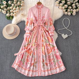 Casual jurken catwalk bloemenprint elegante roze bloemen vakantie gewaad jurk dames lente zomerstand lange lantaarn mouw vlies linnen lange vestidos kleding 2024