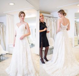Een lijn dromerige trouwjurken applique tule spaghetti trouwjurken sweep lengte bruidsjurken vestidos de novia