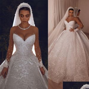 Robes A-ligne Arabe Vintage Cristaux Sheer À Manches Longues En Dentelle Perlée Robe De Bal Robe De Novia Robe De Mariée Drop Delivery P Dhhfk