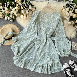 A-Line elegante otoño verde sólido primavera Retor vestidos mujeres fiesta cintura alta manga larga pasarela Boho Vintage vestido 210715