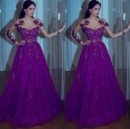 Een lijn elegante lange mouwen moslim avondjurken kant applique zuhair murad avondjurken formele goedkope prom jurken kralen vestidos de fies