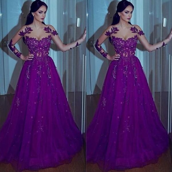 Une ligne élégante à manches longues robes de soirée musulmanes dentelle Applique Zuhair murad robes de soirée formelle pas cher robes de bal perlées robes de fies