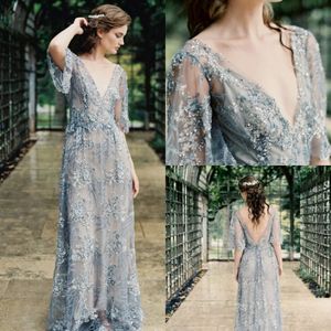 A Line Evening Jurken Blue Appliques pailletten tule vloer lengte beroemde jurk Deep V nekling terug formele prom -jurken 233J