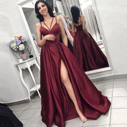 Vestido de noche de una línea con tirantes finos de satén con abertura alta Vestidos sexy Fiesta De Noche Abiye Fiesta Vestidos de baile es