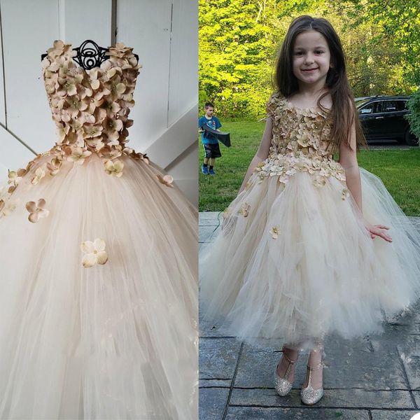 Vestido de una línea de flores para niñas, cuello joya, sin mangas, apliques florales en 3D, disfraz de fiesta de cumpleaños para niños, vestidos largos de té