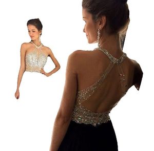 A-Line Halter Black Prom Dresses 2023 Fashion Off Shoulder Chiffon Beaded Long Formal Party Gowns