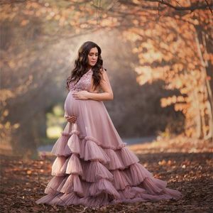 Een lijn Halter Prom Dresses Tiered Ruches Photoshoot Jurken Sheer Tulle Maternity Jurk Kant Applique Robe