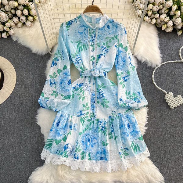 Printemps femmes évider imprimé fleuri robe courte col montant bouton décoration à manches longues dames robes vert bleu Vestidos 2023