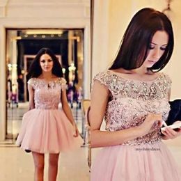 A-Line Homecoming Saprking Crystal Robes Party Sheer Coup Cappage Sleeve A Line Rucehd Vestidos de Festa Tail Robe 66 0510