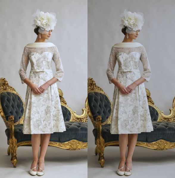 Una línea Jillharvey Vestidos para madre de la novia Vestido de invitados de boda con cuello joya blanco Apliques de manga larga Vestidos de noche hasta la rodilla