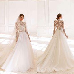 A-line long collier haute robes élégantes manches de mariage 3d fleurs de fleurs robe courte sur mesure zipper plus taille de robe nuptiale vestide de novia